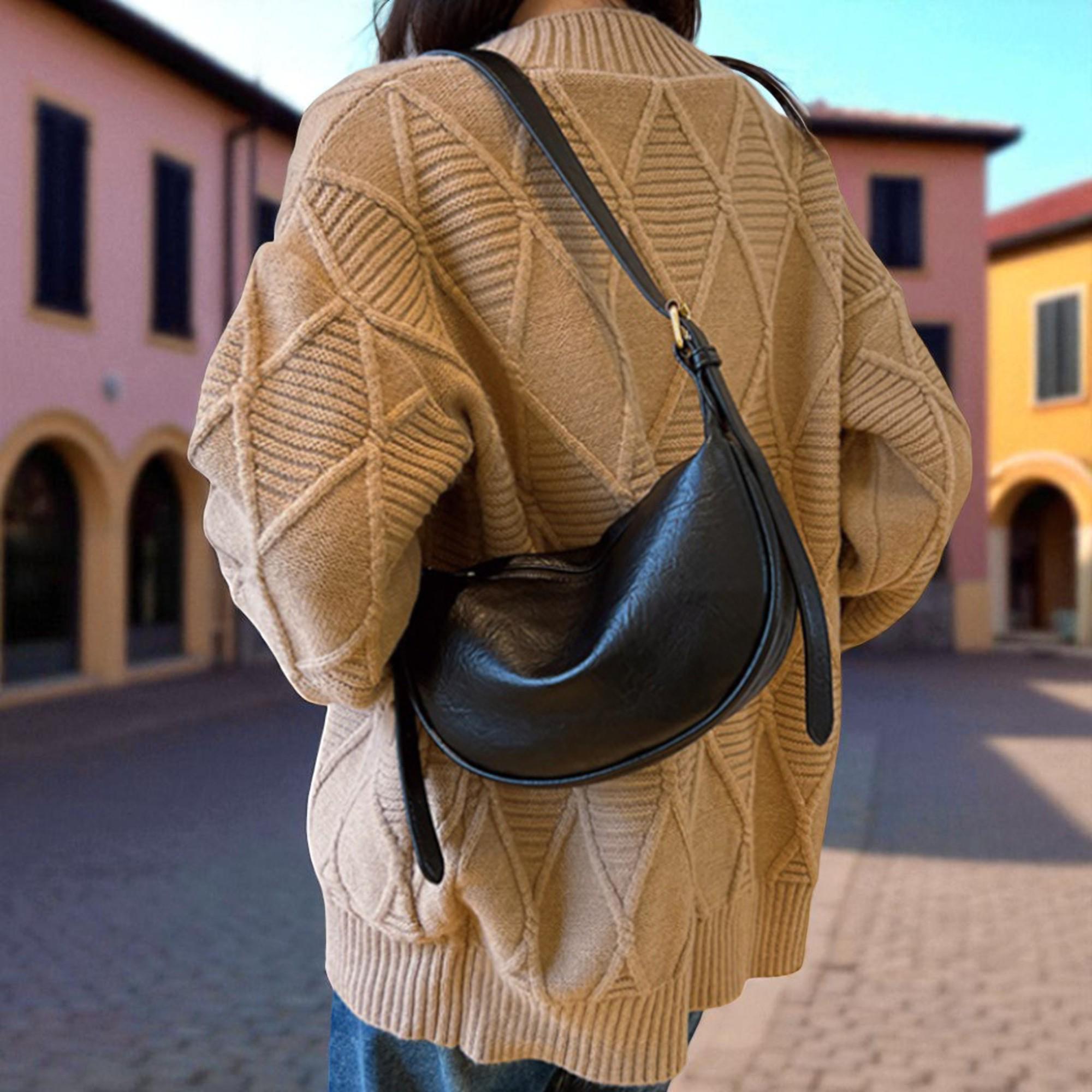 Leather Crescent Bag For Women, Designer Shoulder Bags