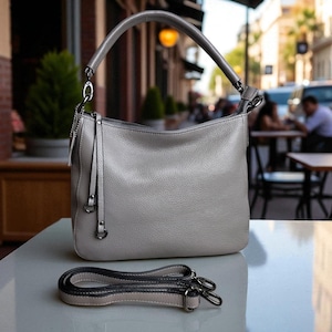 Classic Gray Leather Shoulder Purse Women’s Genuine Cowhide Crossbody Bag Chic Small Tote Adjustable Crossbody Tote Handbag