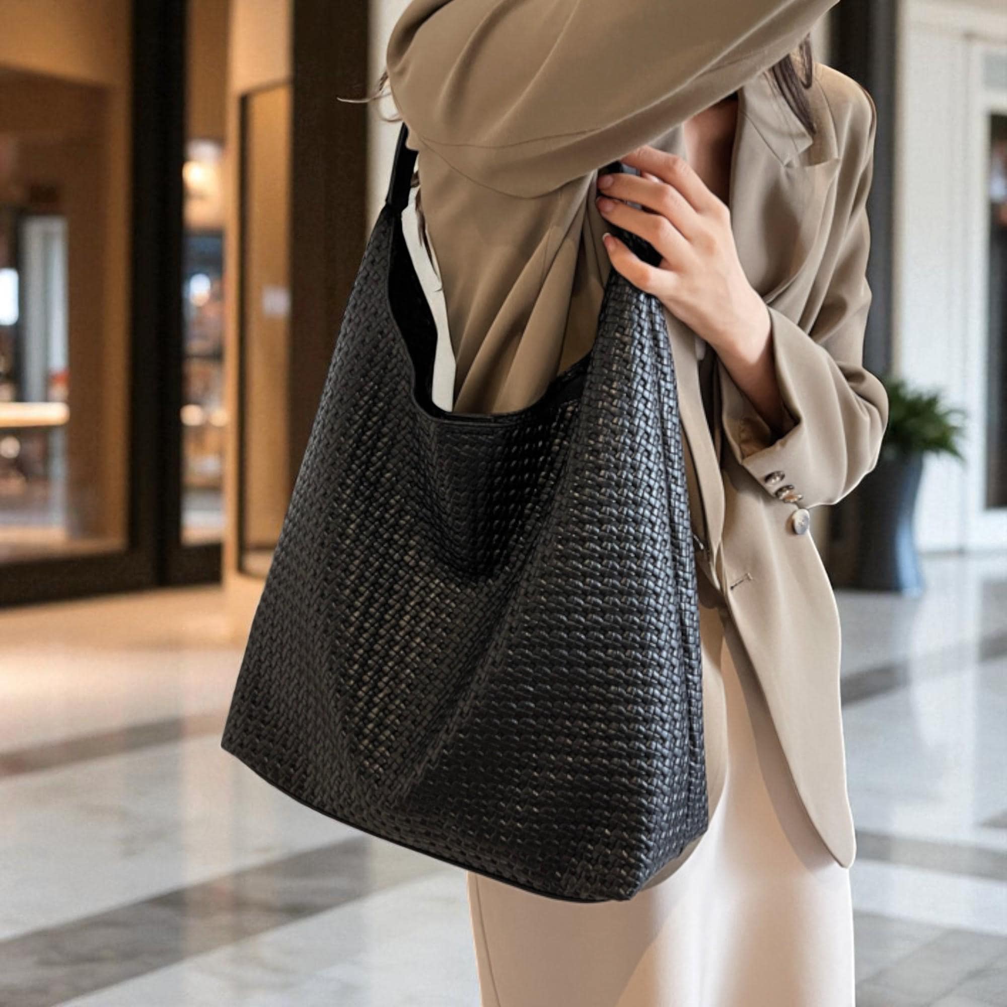 Black Woven PU Leather Shoulder Bag: Large Minimalist Hobo