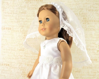 First Communion / White Satin and Chiffon Roses Tea Length Doll Dress, White Embroidered Cross Lace Doll Veil w Satin Ribbon, Lace Headband