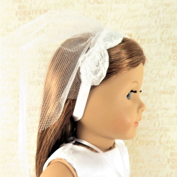 First Communion / White Chiffon Roses Headband on White Tulle Netting Doll Veil / Doll Accessories / Confirmation / 18 Inch Doll Clothes