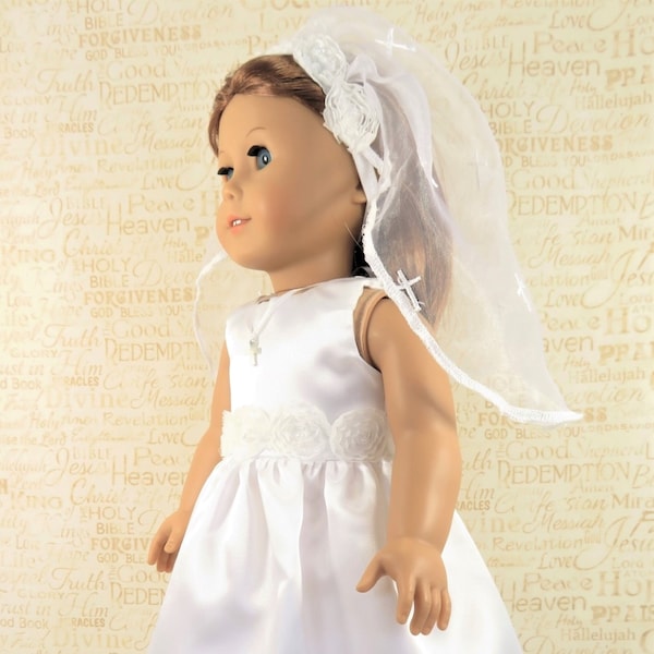 First Communion / White Chiffon Roses Headband on Organza Embroidered Cross Serged Doll Veil / Confirmation / Wedding / Doll Accessories
