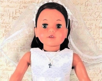 First Communion / White Satin and Lace Allover Tea Length Doll Dress /White Organza Embroidered Cross Lace w/Satin Ribbon and Lace Doll Veil