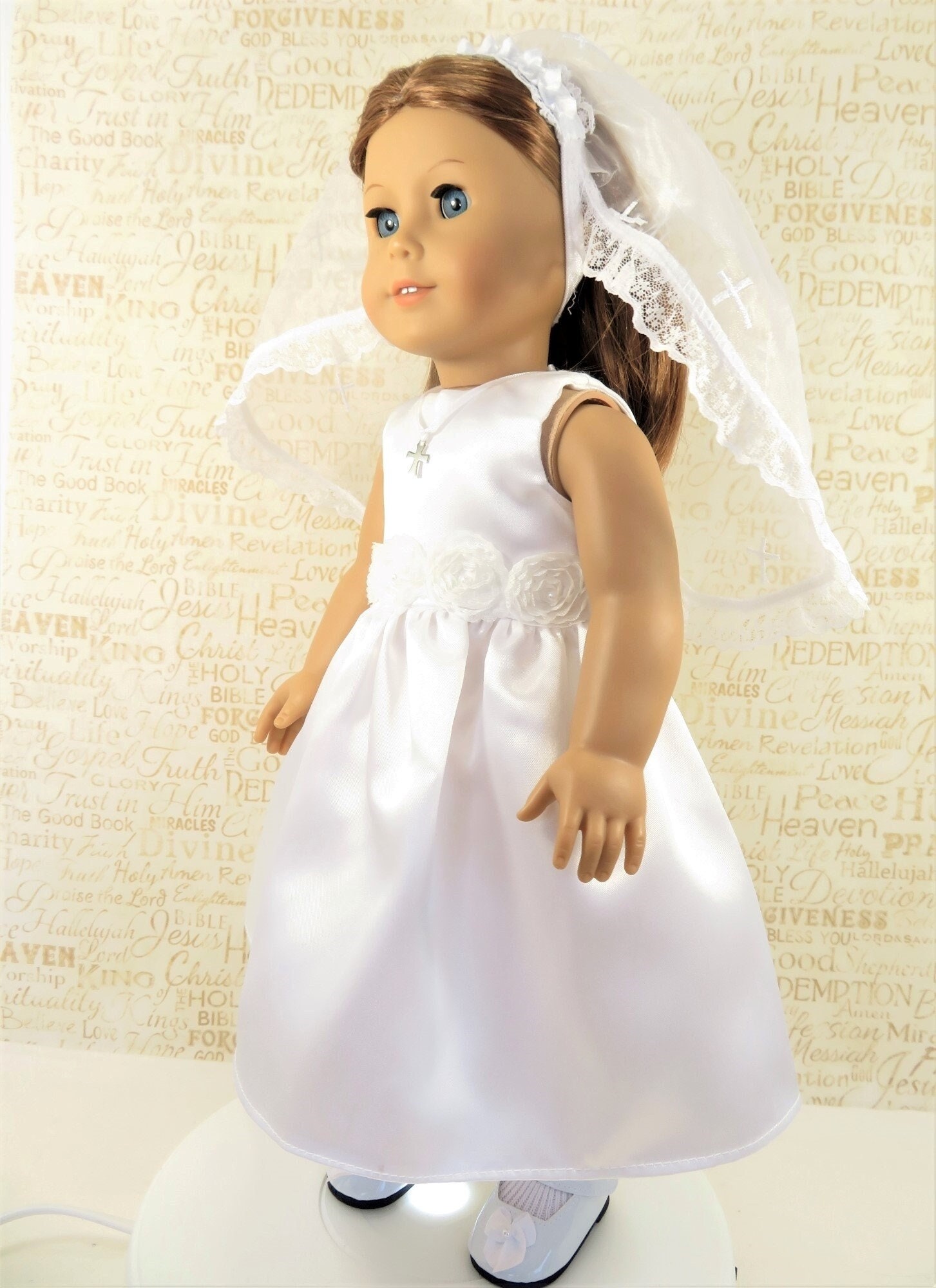 First Communion White Satin W rosette Flowers Tea Length Doll