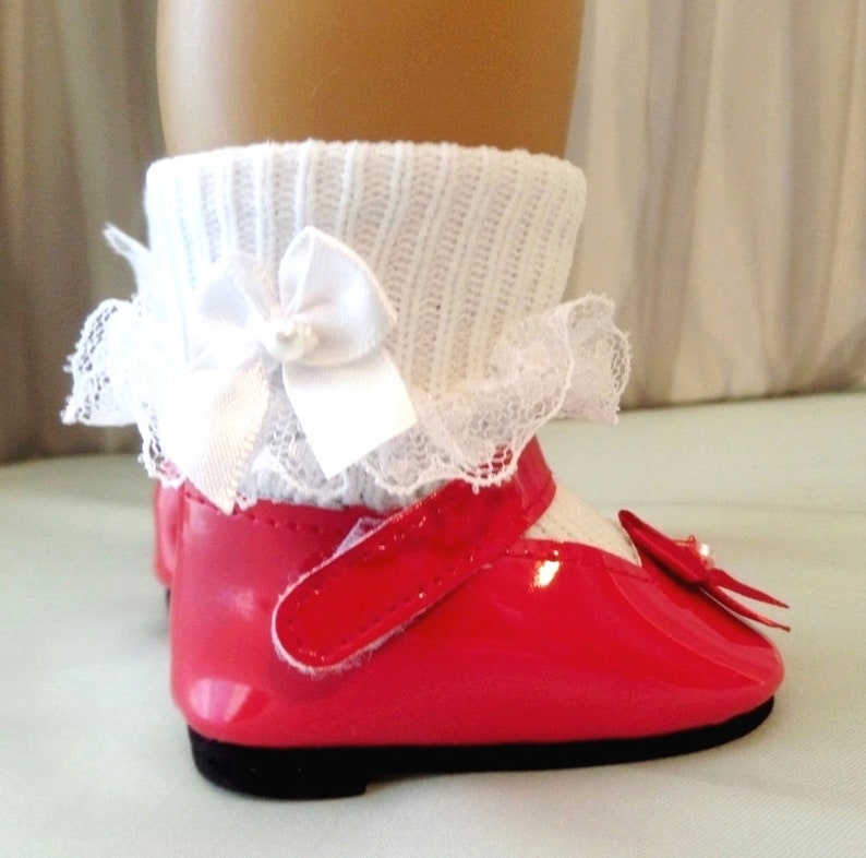 Red Mary Jane Doll Red Bow Shoes and White Lace Socks with White Bows and Pearl Beads Doll Accessories Fits American Girl Doll