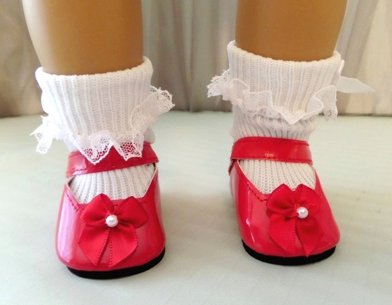 Red Mary Jane Doll Red Bow Shoes and White Lace Socks with White Bows and Pearl Beads Doll Accessories Fits American Girl Doll
