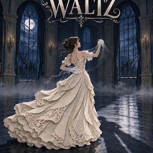 Puede incluir: Una portada de libro titulada The Last Waltz por Emma Harwthorn con la ilustración de una figura con un vestido color crema de varias capas y detalles de encaje, en un salón de baile oscuro con ventanas arqueadas y una lámpara.