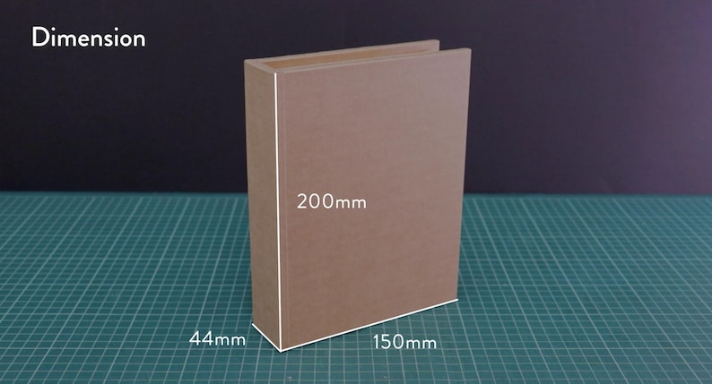 May include: A brown rectangular box with dimensions labeled: 200mm high, 150mm wide, and 44mm deep. The box is made of a light brown material and is positioned on a green surface.