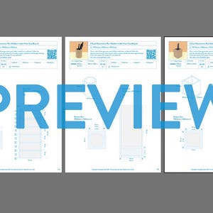 May include: Three sheets of paper with blueprints for cardboard furniture. Each sheet features a different design, including a desk, a box, and a tall, narrow structure. The word "PREVIEW" is overlaid in large, blue letters.