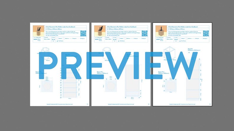 May include: Three sheets of paper with blueprints for cardboard furniture. Each sheet features a different design, including a desk, a box, and a tall, narrow structure. The word "PREVIEW" is overlaid in large, blue letters.