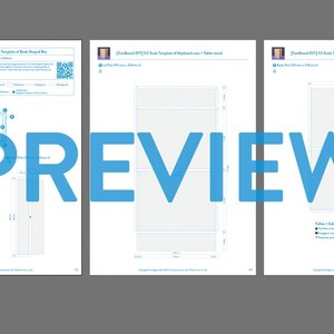 May include: Three white pages with blueprints for a cardboard box, featuring dimensions and diagrams. The word "PREVIEW" is printed in large, blue letters across the pages. The pages are on a gray background.