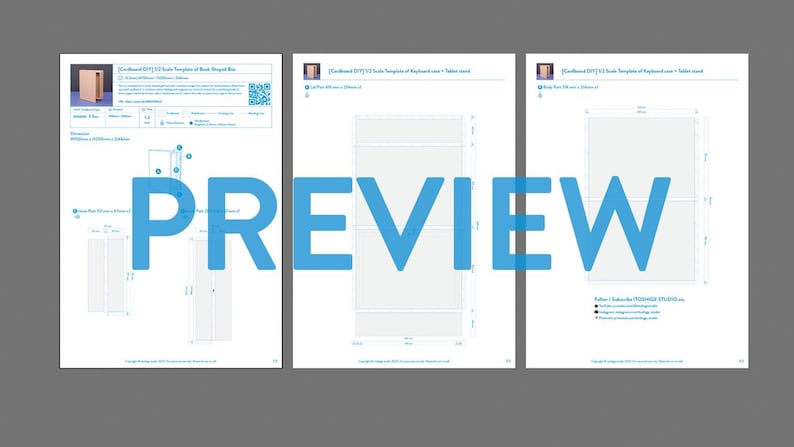May include: Three white pages with blueprints for a cardboard box, featuring dimensions and diagrams. The word "PREVIEW" is printed in large, blue letters across the pages. The pages are on a gray background.