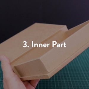 May include: A light brown cardboard box with the text "3. Inner Part" is held open, revealing the interior. The box has a rectangular shape with angled sides and a flat lid. The background is a dark color.