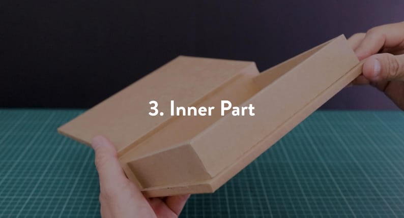 May include: A light brown cardboard box with the text "3. Inner Part" is held open, revealing the interior. The box has a rectangular shape with angled sides and a flat lid. The background is a dark color.