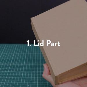 May include: A partially opened, rectangular cardboard box with the text "1. Lid Part" in white. The box is held by a hand, revealing the interior. The background is a mix of black and green.