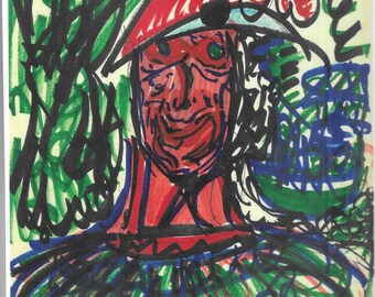 May include: Abstract artwork featuring a red-faced figure with a hat, outlined in black. The figure has green eyes and is surrounded by green, blue, and black scribbled lines. The art style is reminiscent of a sketch.