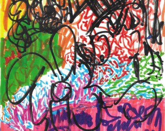 May include: Abstract artwork with a vibrant mix of colors. The image features bold strokes of black, red, green, blue, and yellow, creating a dynamic and energetic composition. The artwork appears to be created with markers or paint, showcasing a free-flowing style.