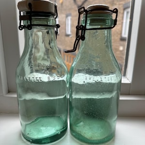 Vintage French L&#39;Ideale Conservation Bottles (2) with Porcelain Lid 1930s