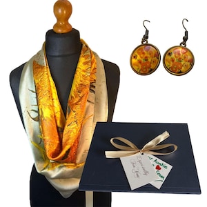 Van Gogh, 'Sunflowers', silk scarf and vintage drop earrings with personalised gift box.