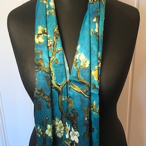 Van Gogh&#39;s twill silk Almond blossom scarf, with personalised gift box & vintage drop earrings.Hangs beautifully Elegant and affordable gift