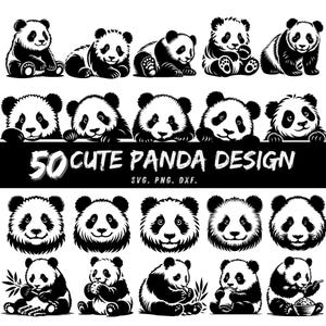 Paquete de 50 Pandas SVG adorables, imágenes prediseñadas de panda PNG, vector de panda bebé, descarga digital de oso de bambú, silueta de panda kawaii DXF, archivos Cricut