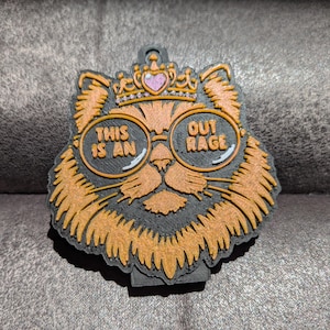 May include: A black and orange cat-shaped patch featuring a crown with a pink heart at the top. The cat wears round glasses with the text THIS IS AN on the left lens and OUT RAGE on the right lens. The design is textured with raised details.