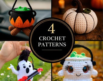 Halloween Crochet Pattern Bundle – Cauldron, Pumpkin, Rockstar Ghost Keychain & Plush Witch Cauldron