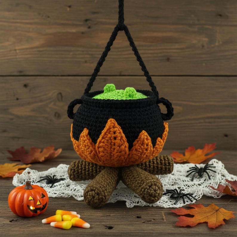 K&ouml;nnte beinhalten: Ein schwarzer H&auml;keltopf mit orangefarbenen Flammen und einem gr&uuml;nen, brodelnden Trank. Der Kessel wird an einem schwarzen Griff aufgeh&auml;ngt. Die Halloween-Dekoration steht auf einem braunen Holzscheit, mit einem kleinen K&uuml;rbis und S&uuml;&szlig;igkeiten.