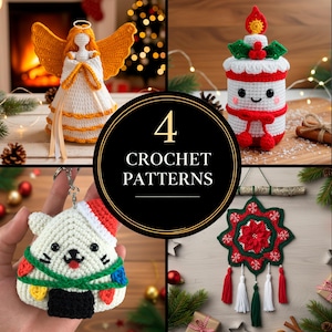 May include: Image featuring four crochet patterns: an angel, a candle, a bear keychain, and a star-shaped wall hanging. The angel has gold wings and a white dress. The candle is white and red with green holly. The bear keychain has a Santa hat. The wall hanging is red and green.