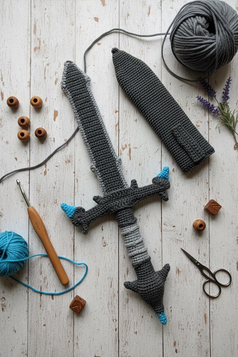 May include: A handmade crochet sword in shades of gray with blue accents. The sword is accompanied by a matching sheath. Other craft supplies, including yarn, a crochet hook, and wooden beads, are also visible.