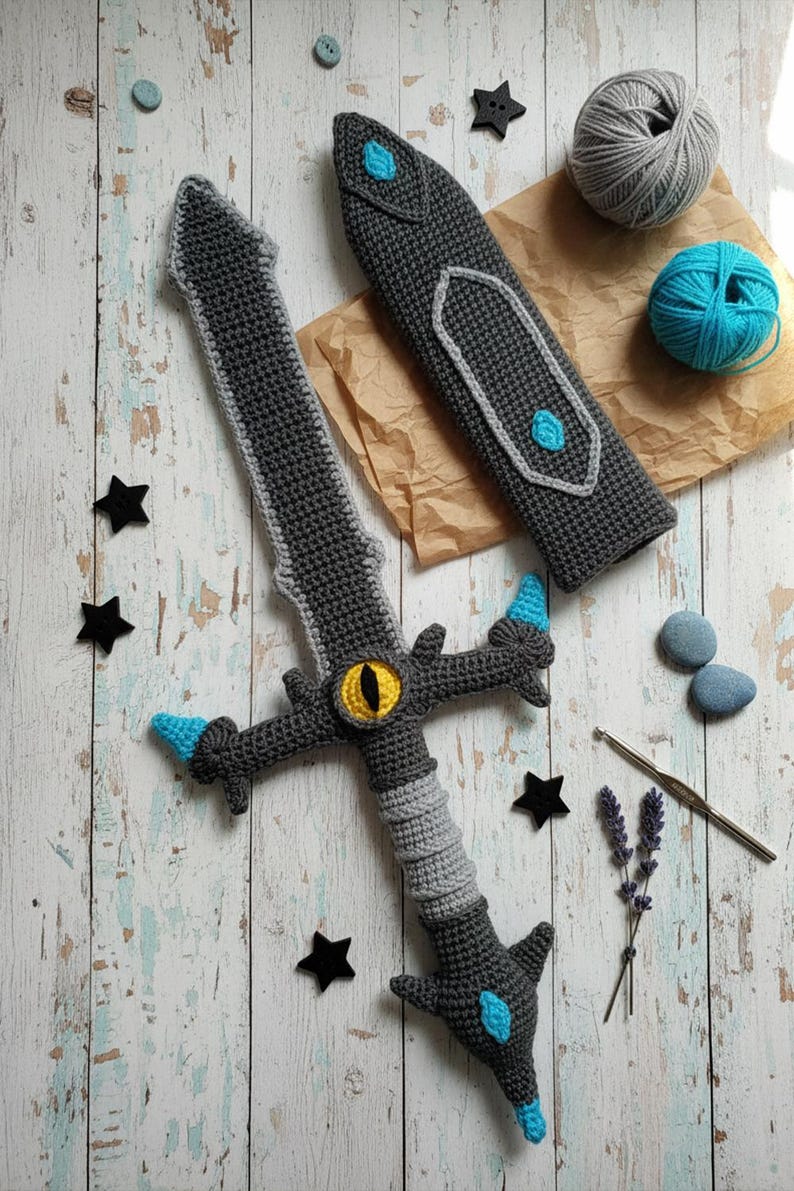 May include: A handmade crochet sword with a matching sheath. The sword is primarily gray with light blue and yellow accents. The handle is wrapped in gray yarn. The sheath is gray with light blue details. The sword is lying on a wooden surface.