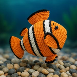 Op de afbeelding: Een gehaakt oranje en wit gestreept kogelvis speelgoed met zwarte ogen. Het speelgoed ligt op een bed van kleine, gladde stenen.