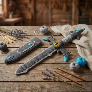 May include: A crocheted sword and sheath set in shades of gray, blue, and yellow, resting on a wooden surface. The sword features a detailed hilt with a yellow eye design and blue accents. The sheath is gray with a blue gem. Yarn and crochet hooks are also present.