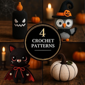 Może przedstawiać: Cztery wzory na szydełku na Halloween: czarny i biały nietoperz, czarna i biała dynia, szara sowa w czarodziejskim kapeluszu i czarna świeca ze straszną twarzą.