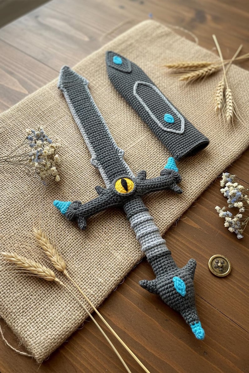 May include: Crocheted sword with a gray blade, a yellow eye, and blue accents. The sword is accompanied by a matching sheath. The handmade fantasy item is displayed on a burlap surface with decorative wheat stalks.