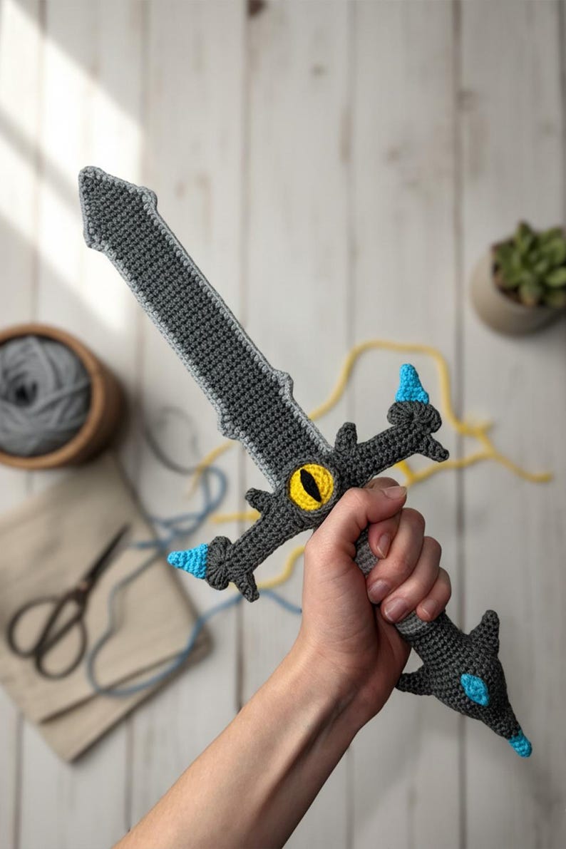 May include: A handmade crochet sword in shades of gray, with yellow and blue accents. The sword features a detailed design, including a yellow eye in the center and blue tips. The craft item is held against a light wooden background.