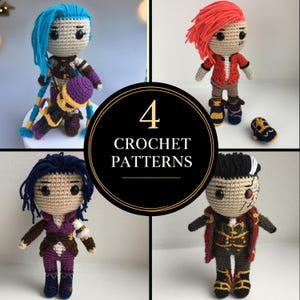 May include: Four crochet patterns for amigurumi dolls. The dolls are in different poses and are wearing colourful outfits. The dolls are made of yarn and have large eyes. The text "4 CROCHET PATTERNS" is in the centre of the image.
