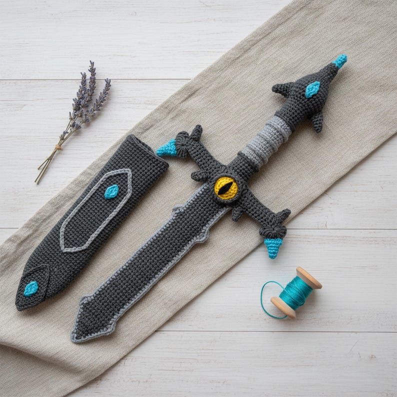 May include: A crocheted sword and sheath set in shades of gray, with blue and yellow accents. The sword features a yellow eye design and blue tips. The sheath has a matching blue gem. A spool of teal thread sits nearby.