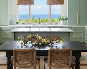 Centro de mesa italiano de madera flotante para la cocina, tallos de granada y peonías, decoración para la mesa del comedor.