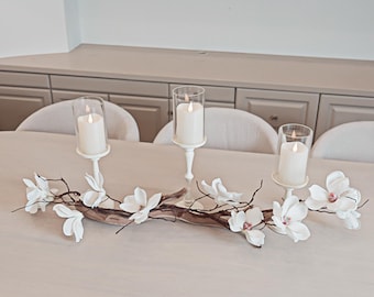 Elegant Dining Table Decor Centerpiece: Magnolia Floral Hurricane Candle Holders & Driftwood