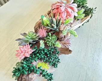 Centro de mesa con suculentas de madera flotante: decoración rústica de granja, plantas artificiales