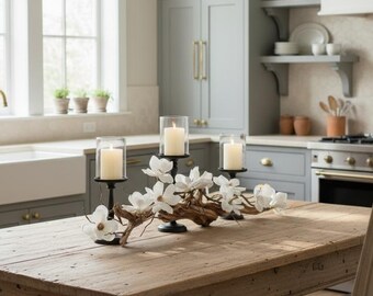 Farmhouse Table Decor Centerpiece: Black Candle Holders & Magnolia Floral Decor