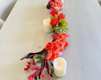 Centro de mesa de madera flotante: orquídeas, velas y flores secas - Decoración para bodas y despedidas de soltera