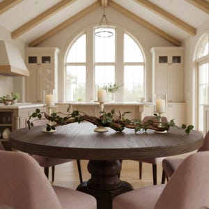 May include: A round, dark brown wooden dining table with a decorative centerpiece of candles and greenery. The table is surrounded by pink upholstered chairs in a bright, airy dining room with a large arched window.