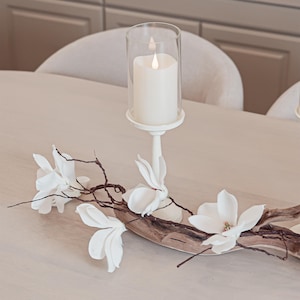 Magnolia & Driftwood Candle Centerpiece: Farmhouse Floral Arrangement
