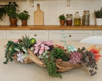 Centro de mesa con suculentas de madera flotante: decoración rústica de granja, plantas artificiales