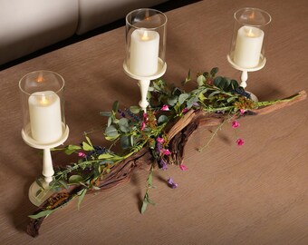 Easter Centerpiece Driftwood Candle Holder Arrangement with Wildflower Eucalyptus Vine & Flameless Candles