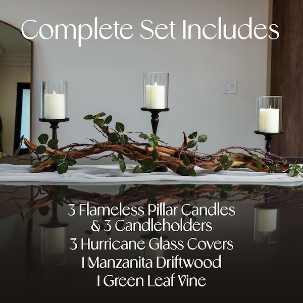 Centro de mesa de comedor de madera flotante con candelabros de hojas verdes, velas de pilar sin llama