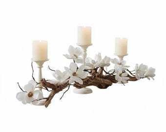 Magnolia & Driftwood Candle Centerpiece: Farmhouse Table Decor