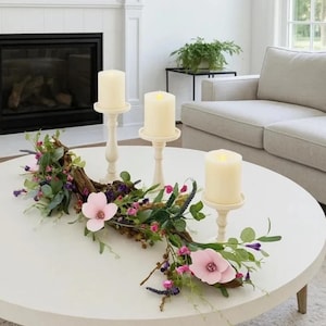 Wildflower Eucalyptus Magnolia Vine Centerpiece with Driftwood Candle Holders
